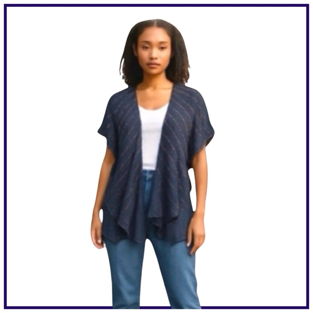 Angel Apparel Women's Geometric Poncho Shawl-Style Sweater. Navy, Pink. Medium